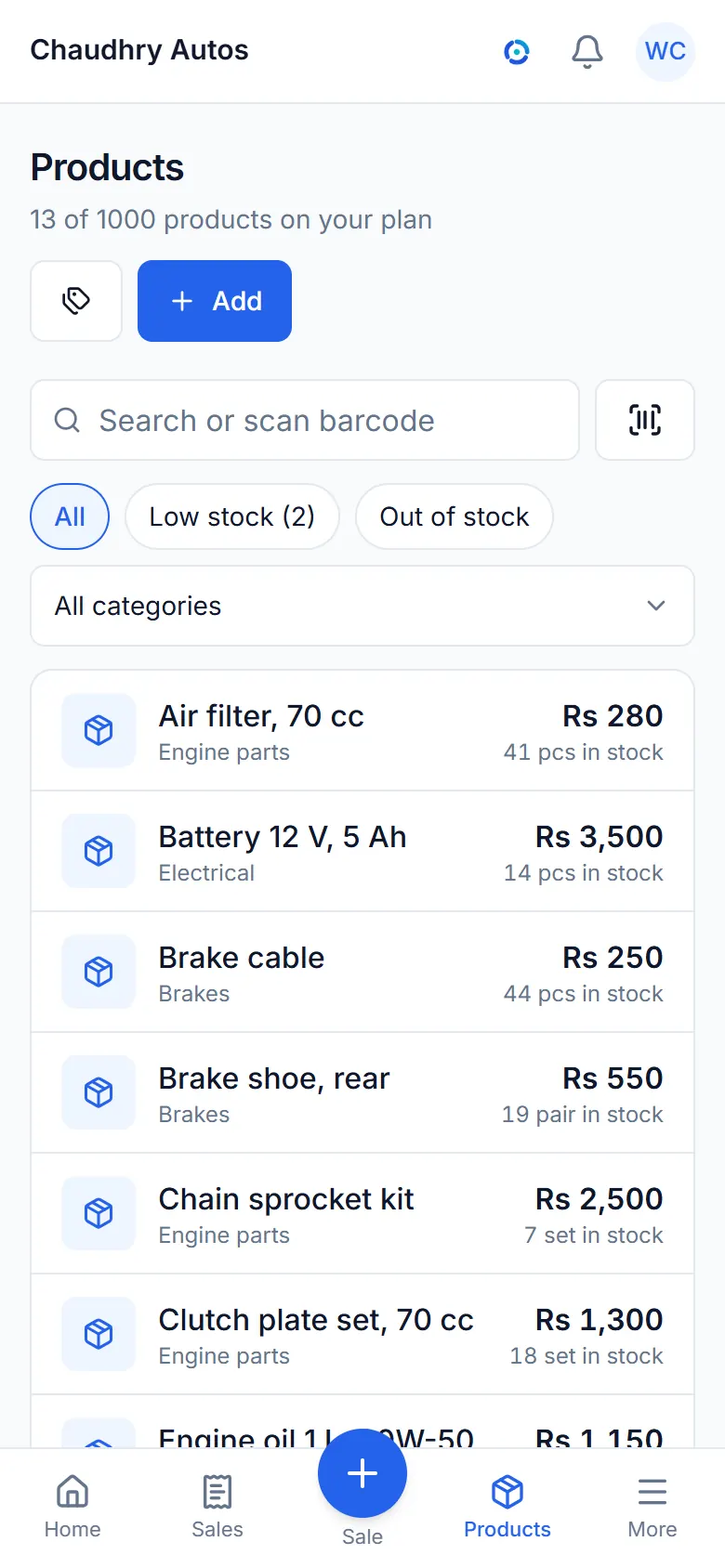 The items list with prices and stock.