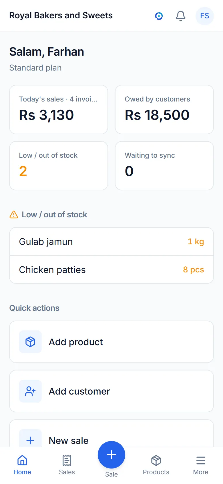 The dashboard: today's sales, what customers owe and low stock.