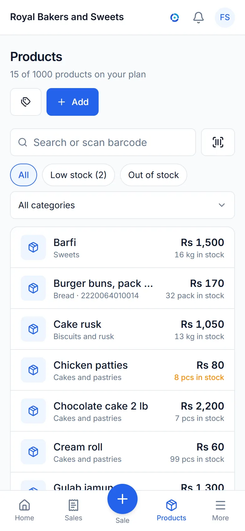 The items list with prices and stock.