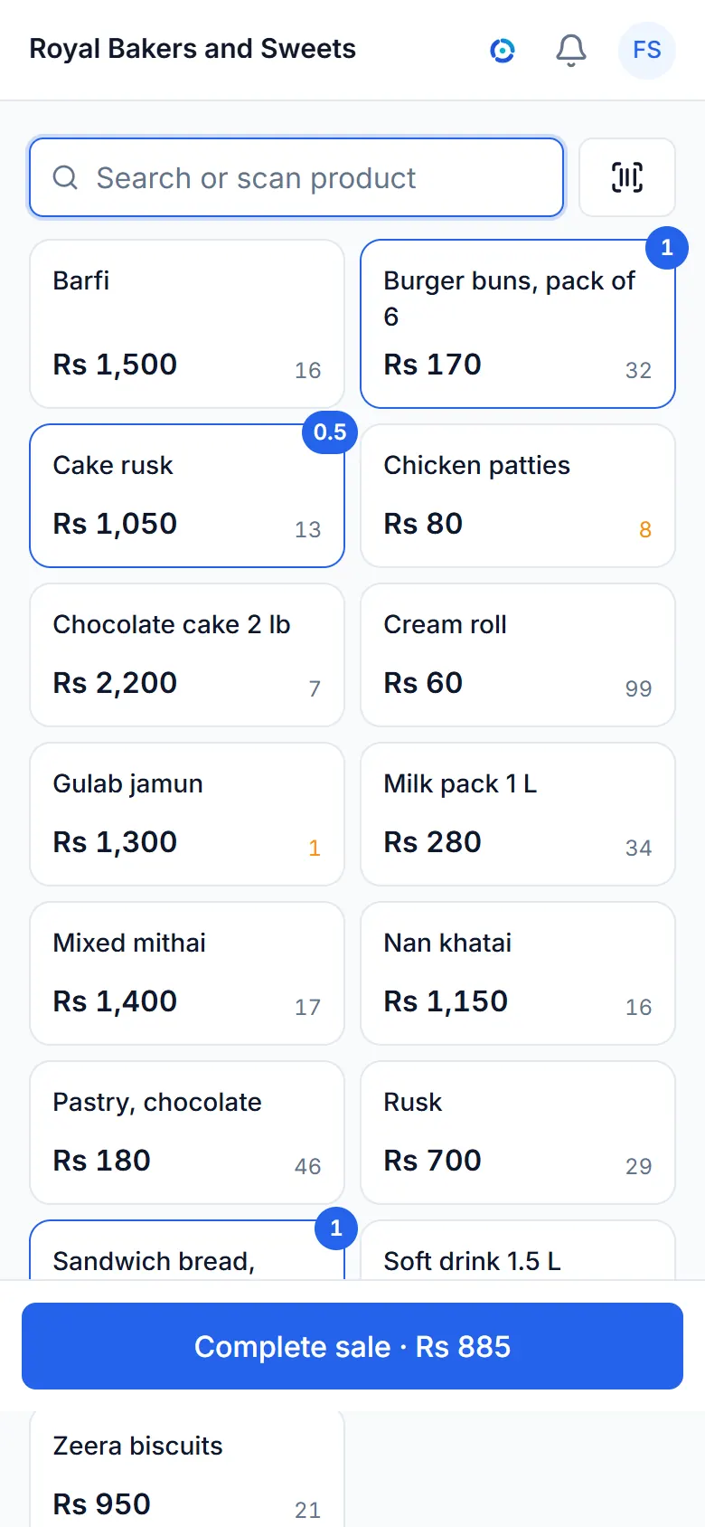 The sale screen of a sample bakery and sweets business, with its items and a bill.