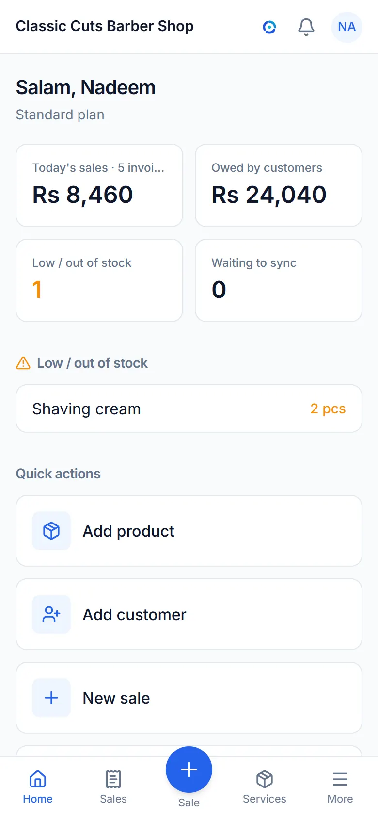 The dashboard: today's sales, what customers owe and low stock.