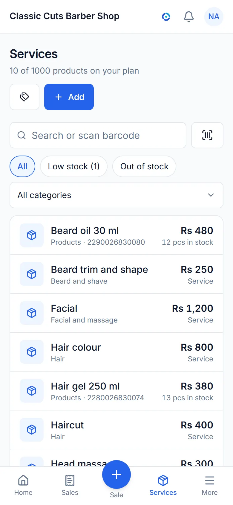 The items list with prices and stock.
