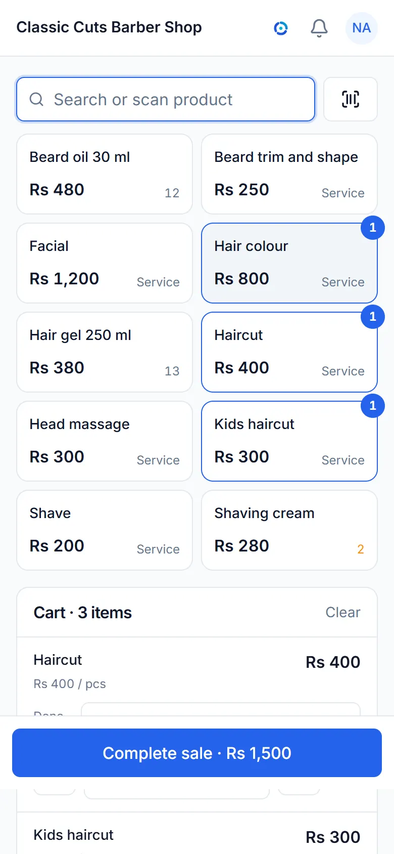 The sale screen of a sample barber shops business, with its items and a bill.