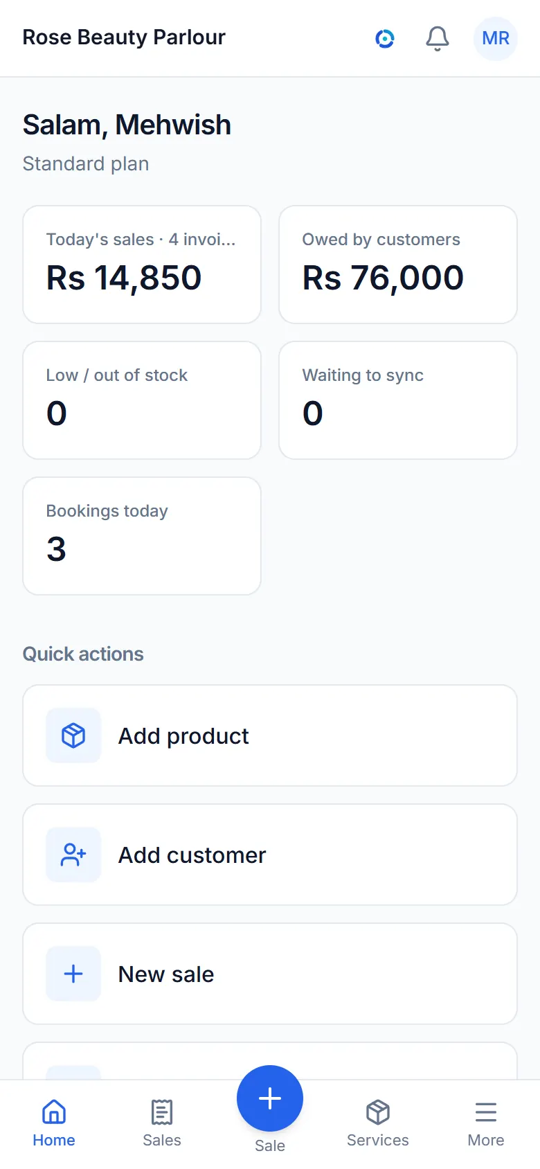 The dashboard: today's sales, what customers owe and low stock.