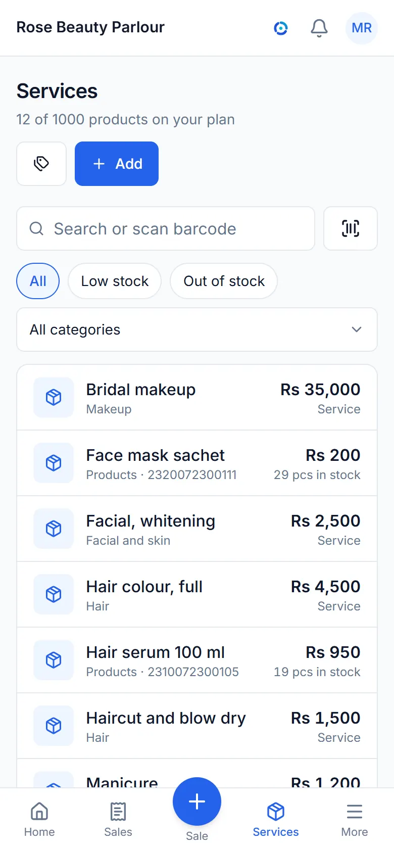The items list with prices and stock.