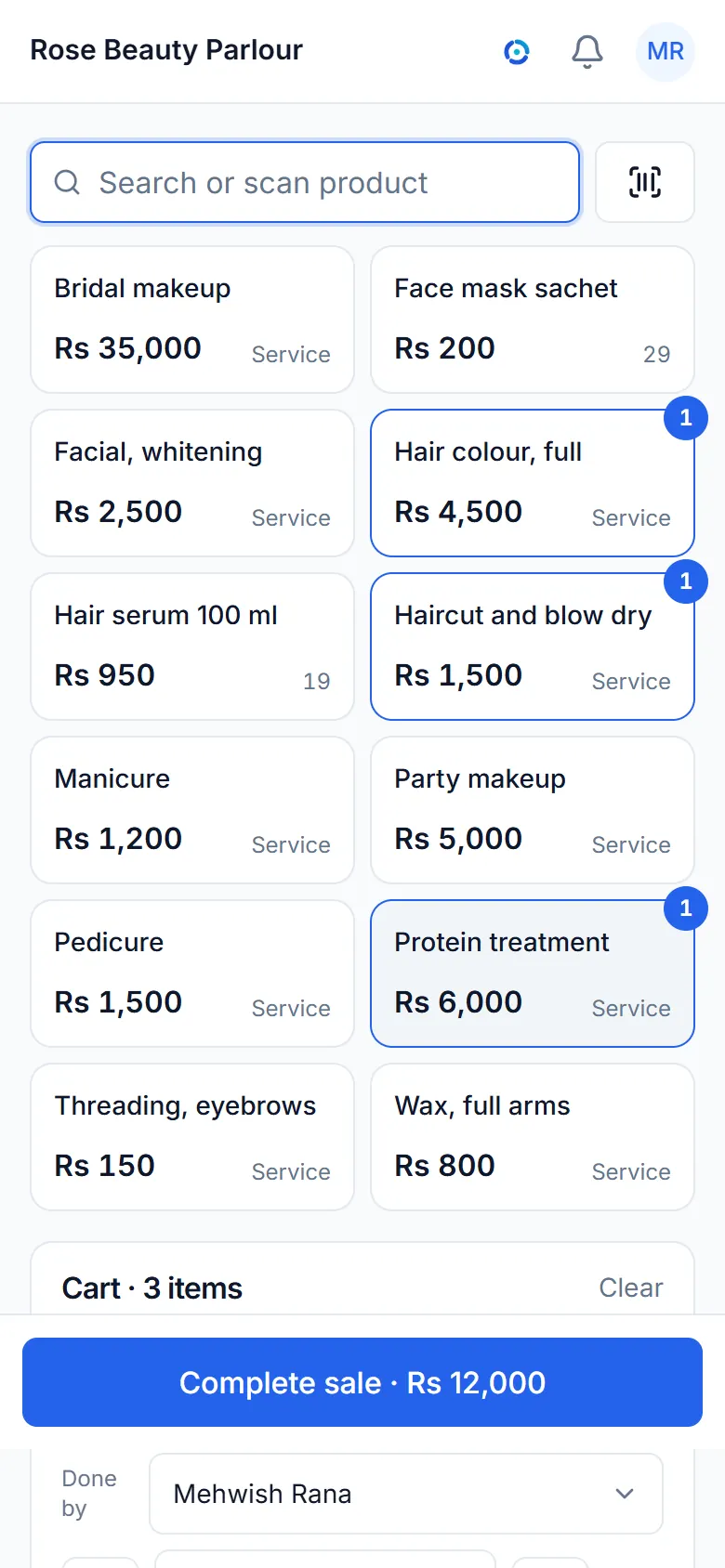 The sale screen of a sample beauty salons business, with its items and a bill.