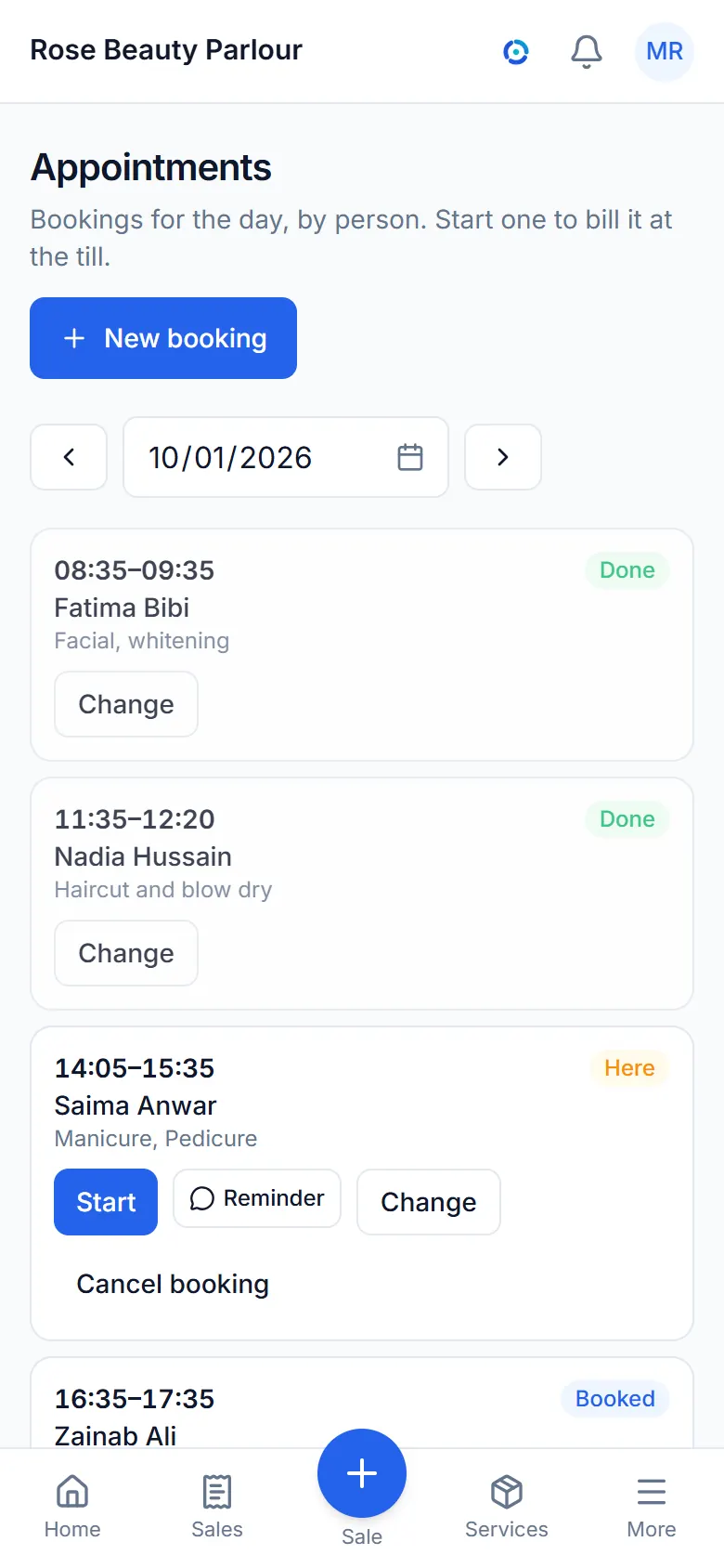 The appointments screen of a sample beauty salon: today's bookings with their services and times.