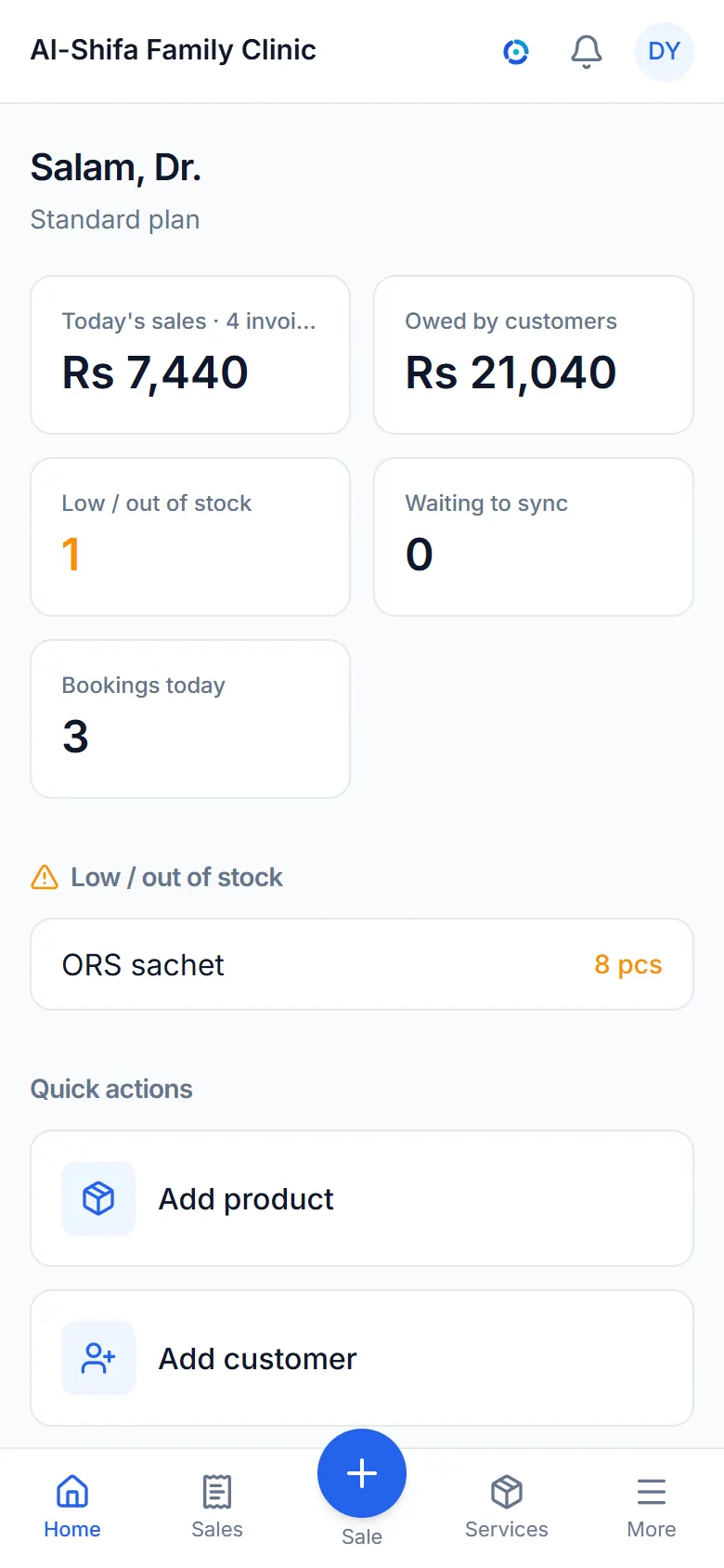 The dashboard: today's sales, what customers owe and low stock.