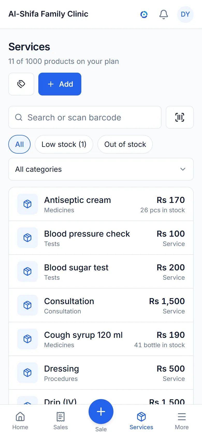 The items list with prices and stock.