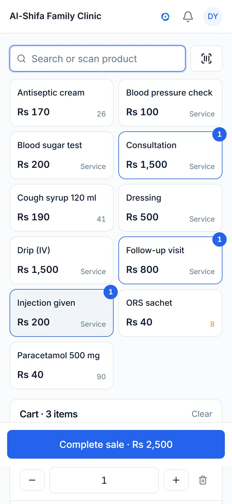 The sale screen of a sample clinics business, with its items and a bill.