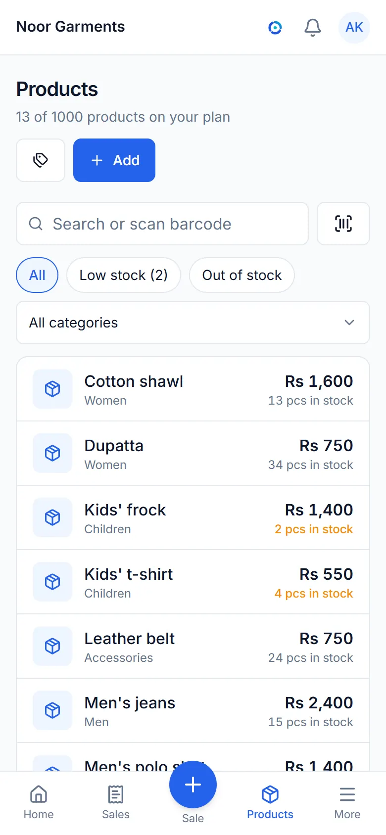 The items list with prices and stock.