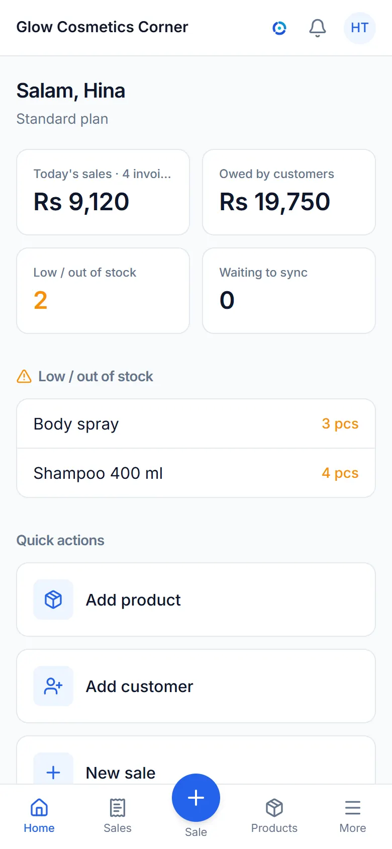 The dashboard: today's sales, what customers owe and low stock.