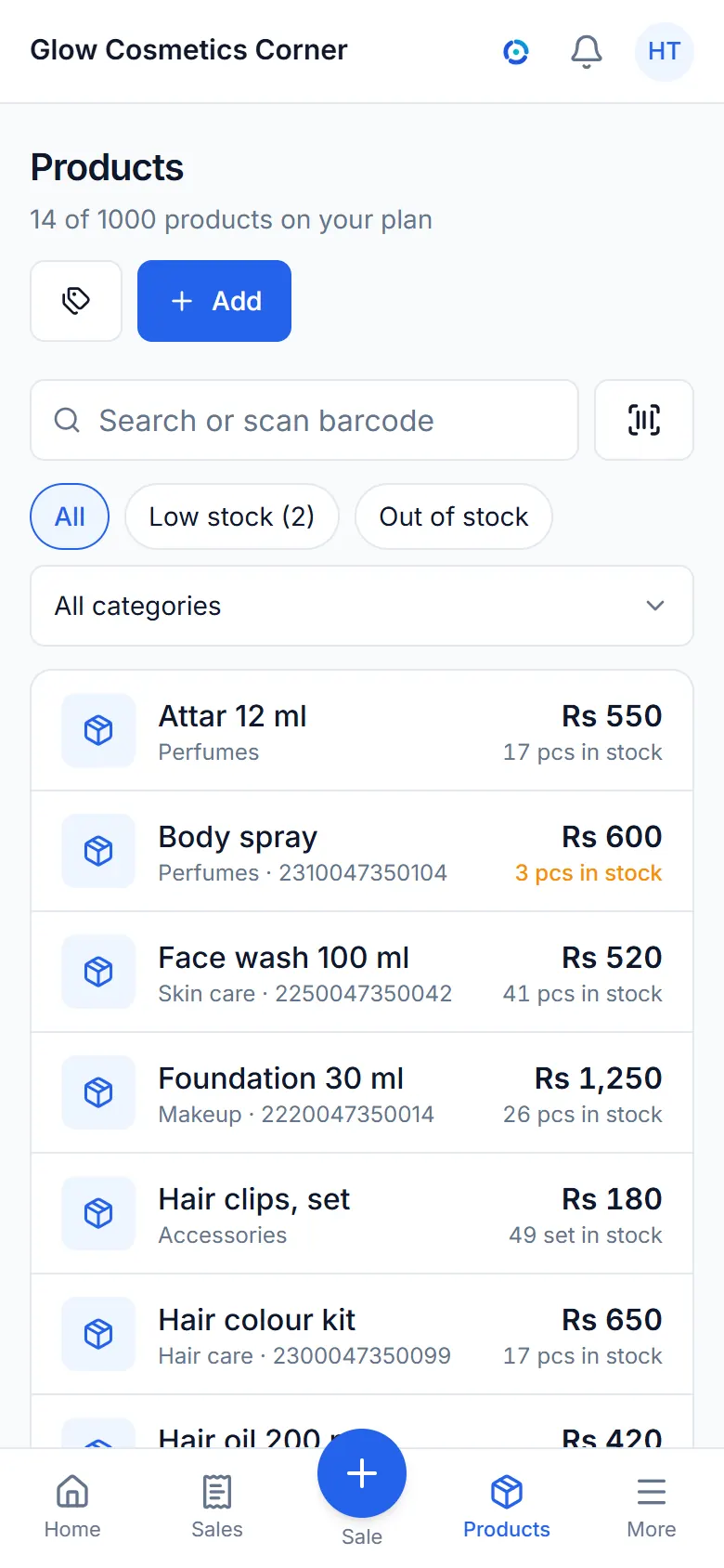 The items list with prices and stock.