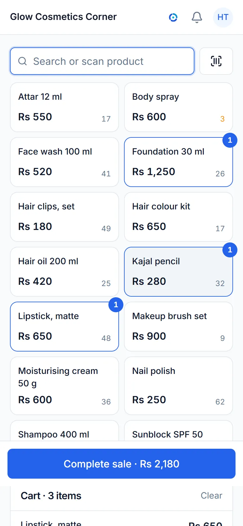 The sale screen of a sample cosmetics and beauty shop, with its items and a bill.