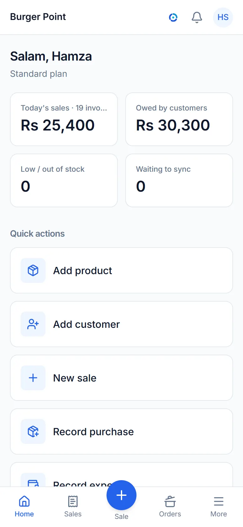 The dashboard: today's sales, what customers owe and low stock.