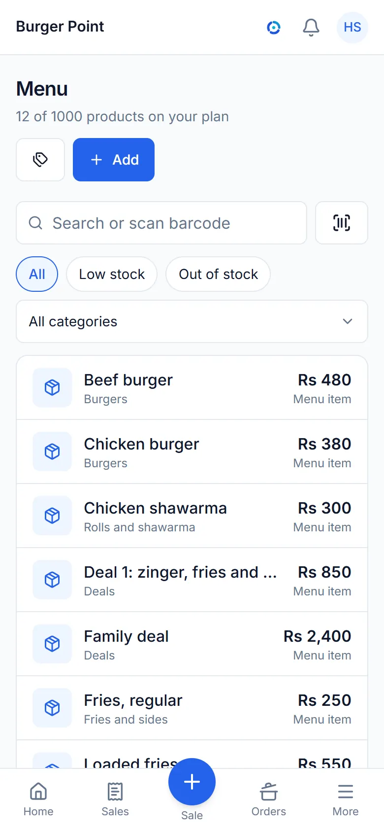 The items list with prices and stock.