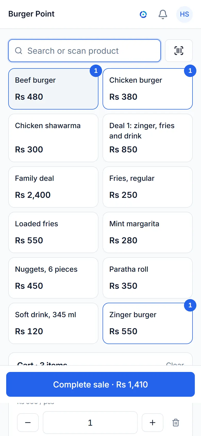 The sale screen of a sample fast food business, with its items and a bill.