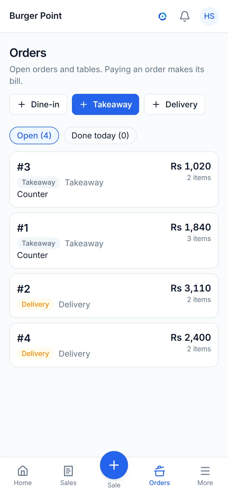 The orders screen of a sample fast food shop: open takeaway and delivery orders with their tokens and totals.