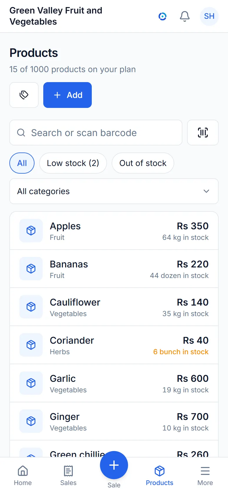 The items list with prices and stock.