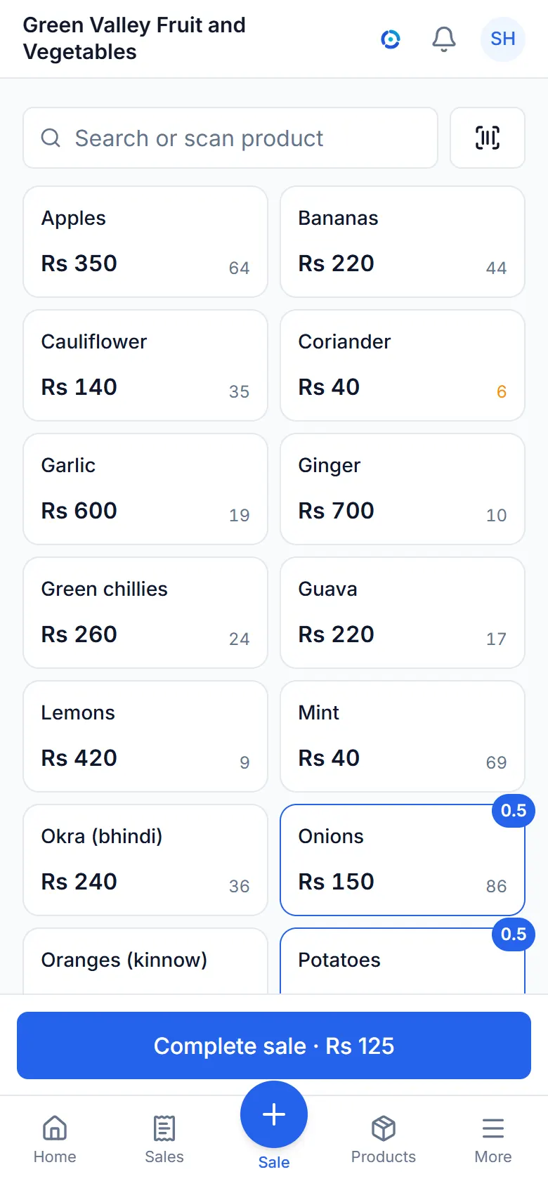 The sale screen of a sample fruit, vegetables and fresh food shop, with its items and a bill.