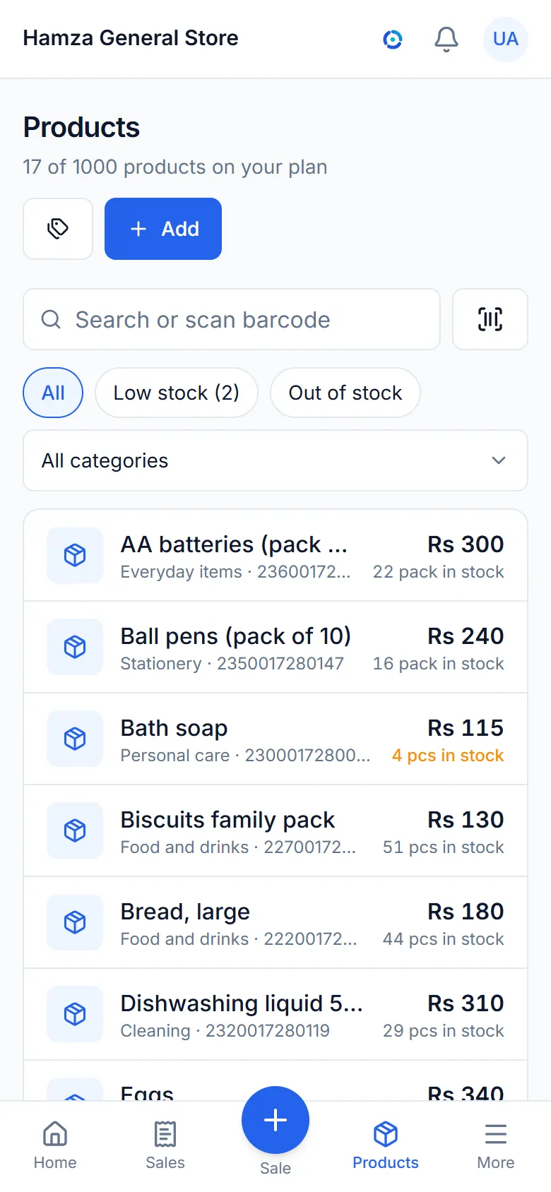 The items list with prices and stock.