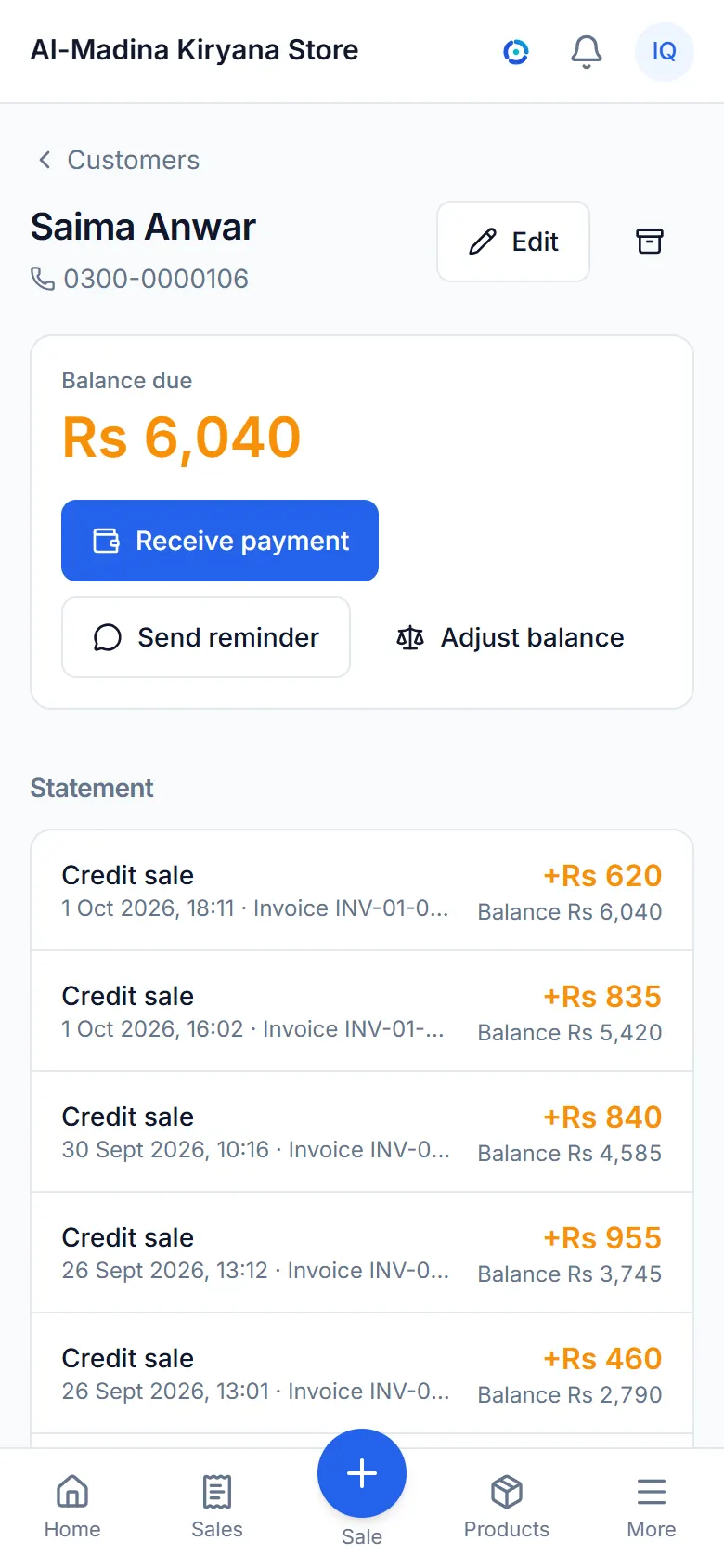 A customer's page: the balance due, buttons to receive a payment or send a reminder, and the statement.