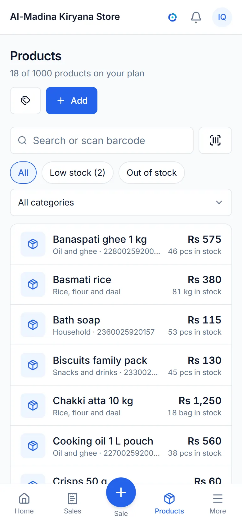 The products list with prices, stock and a low-stock filter.