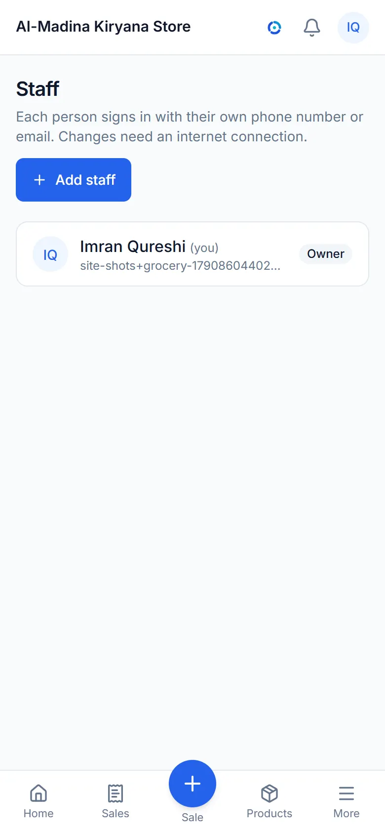 The staff page, where the owner adds people and chooses their role.