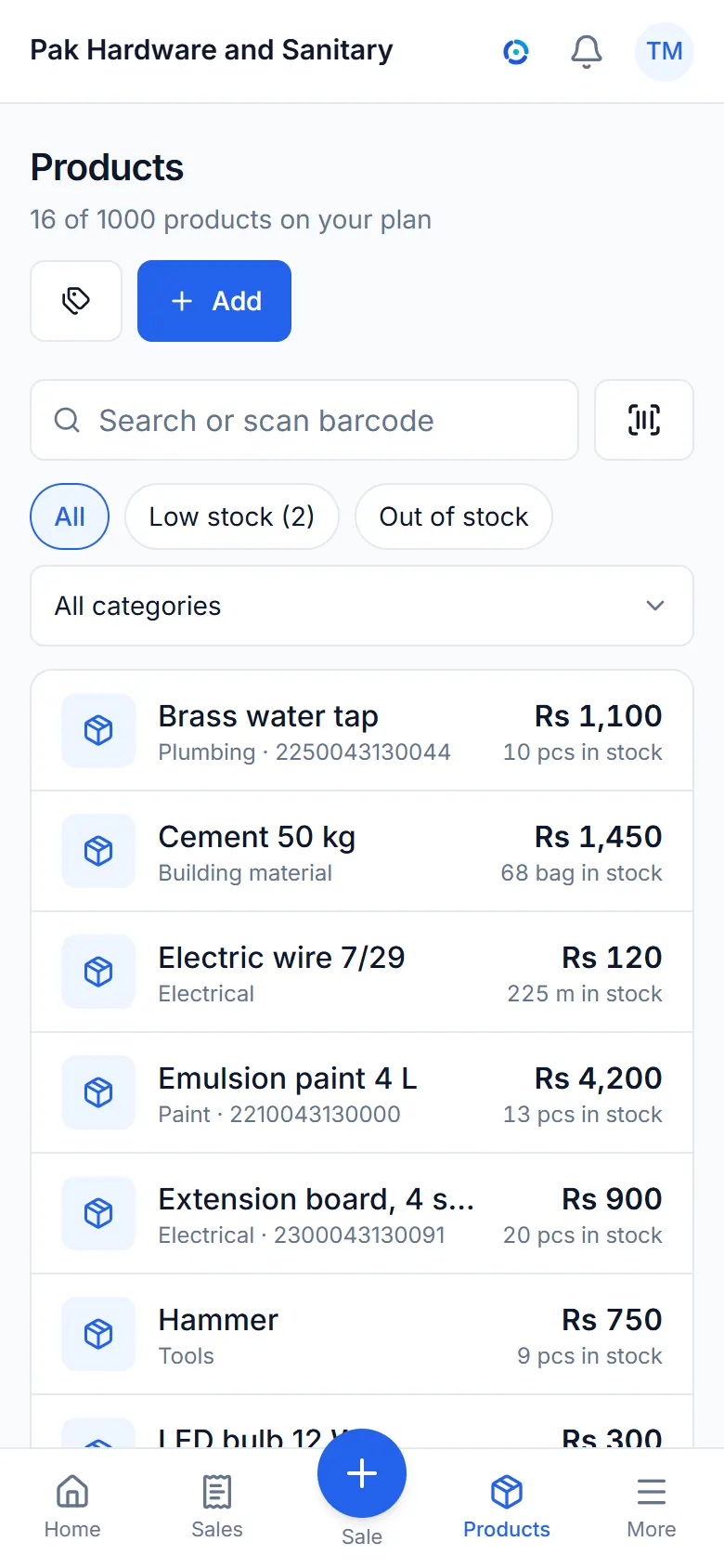 The items list with prices and stock.