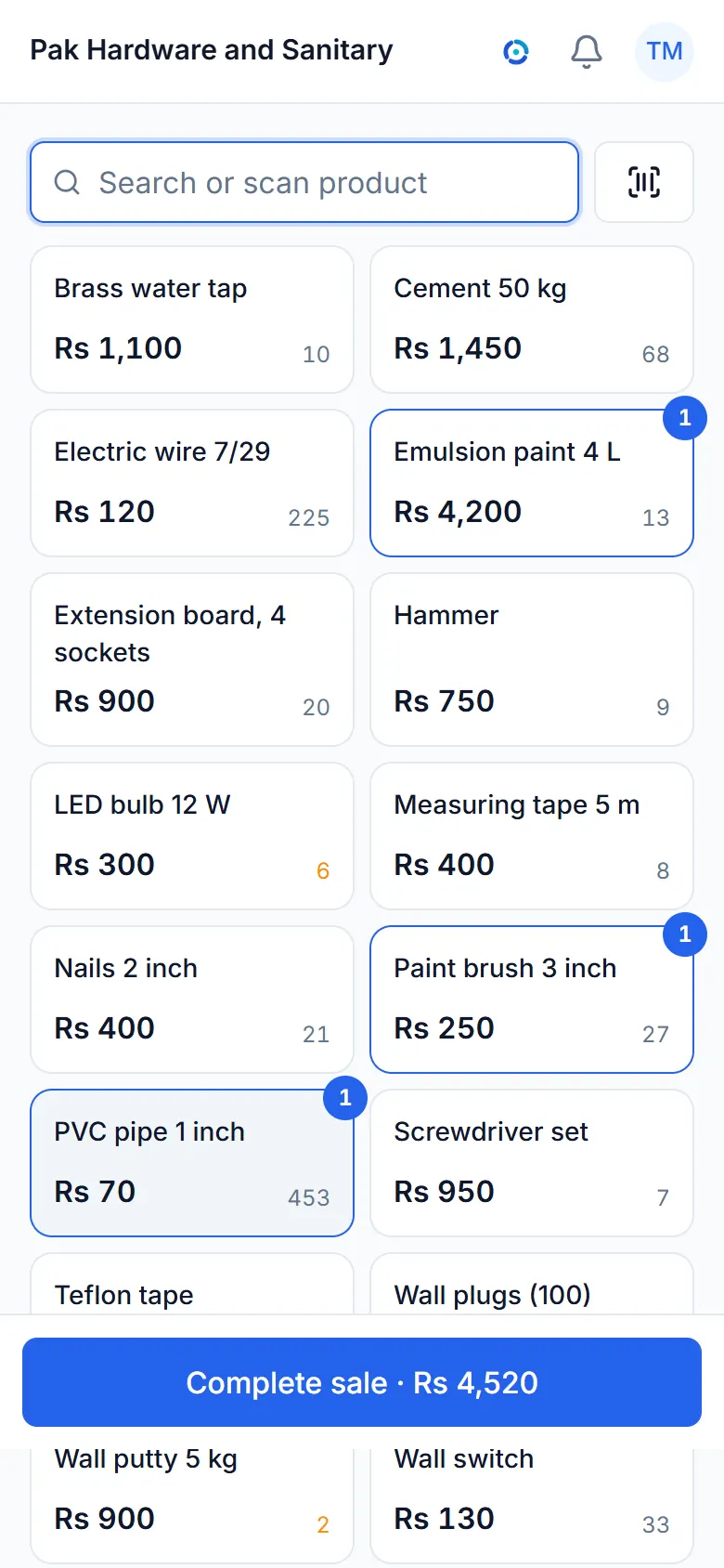 The sale screen of a sample hardware and sanitary shop, with its items and a bill.