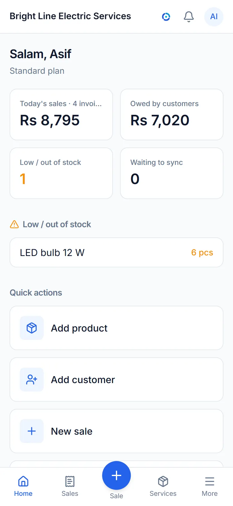 The dashboard: today's sales, what customers owe and low stock.