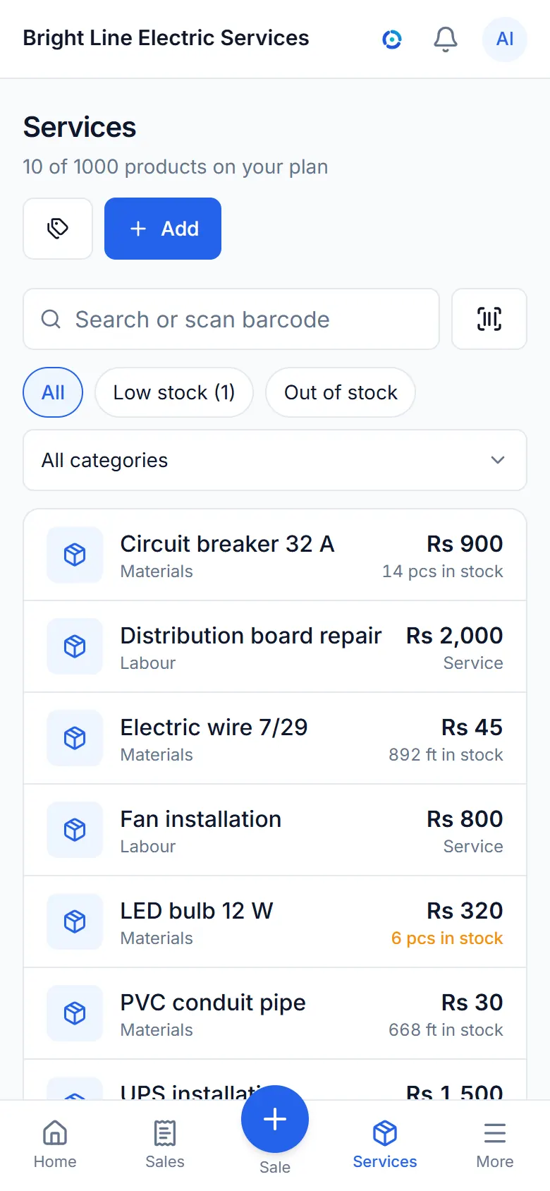 The items list with prices and stock.