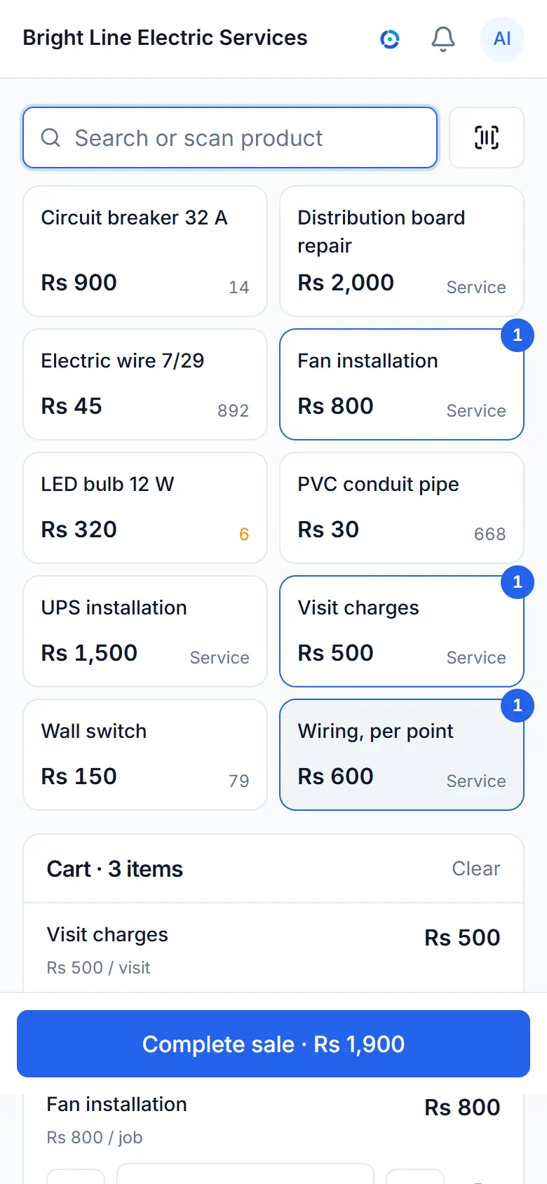 The sale screen of a sample electricians, plumbers and home services business, with its items and a bill.