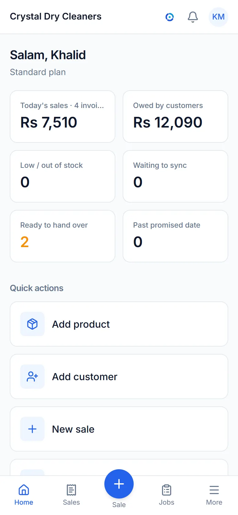 The dashboard: today's sales, what customers owe and low stock.