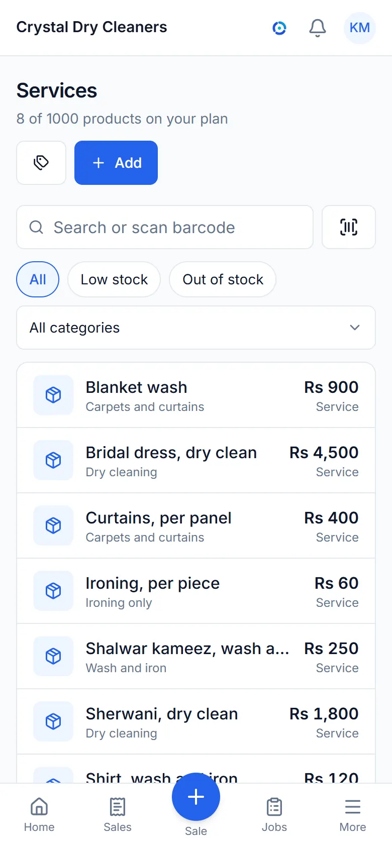 The items list with prices and stock.
