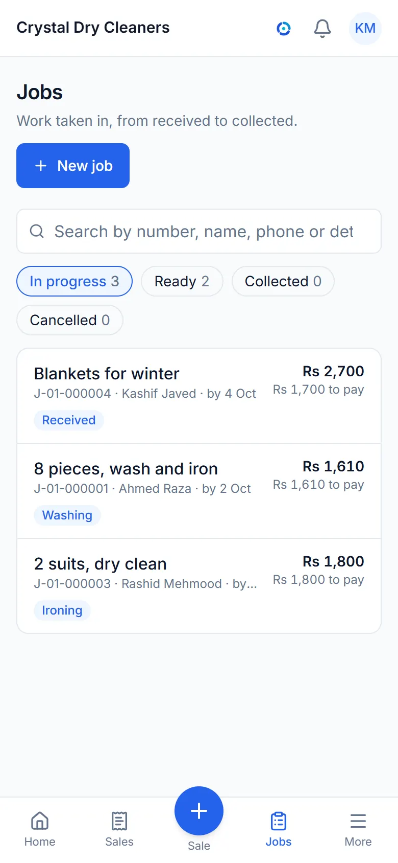 The orders screen of a sample laundry: orders in washing, ironing and ready.