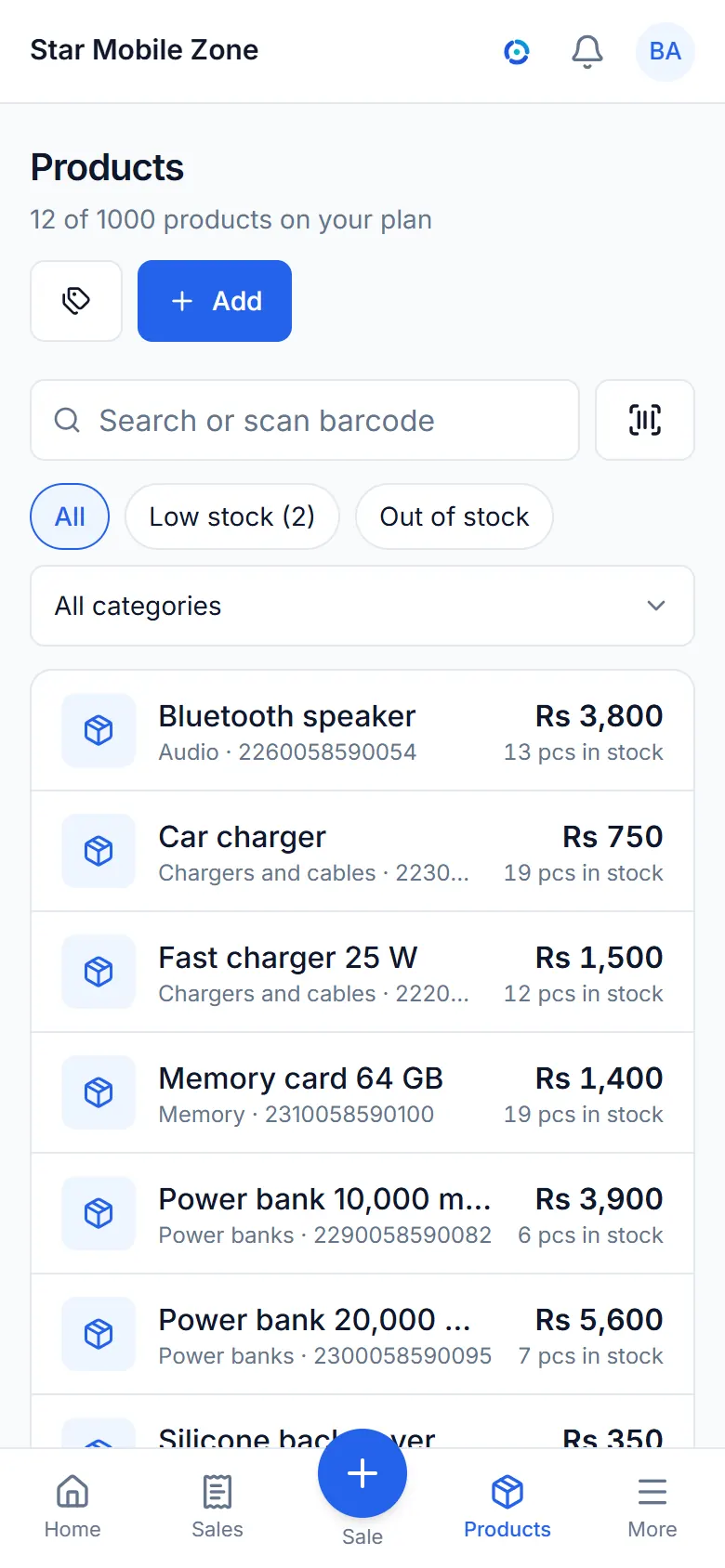 The items list with prices and stock.