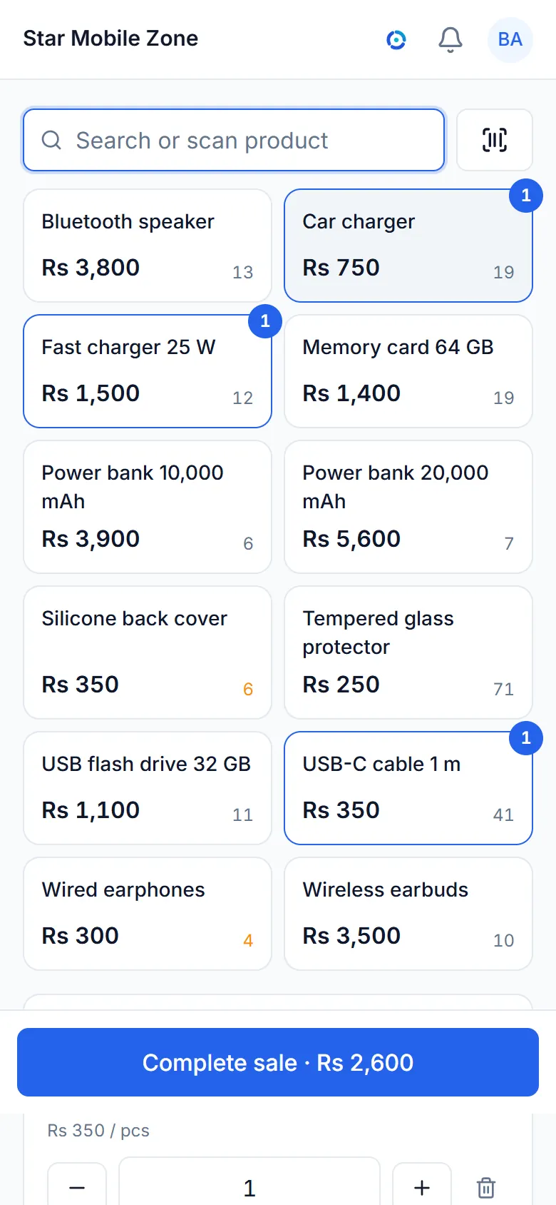 The sale screen of a sample mobile and electronics shop, with its items and a bill.