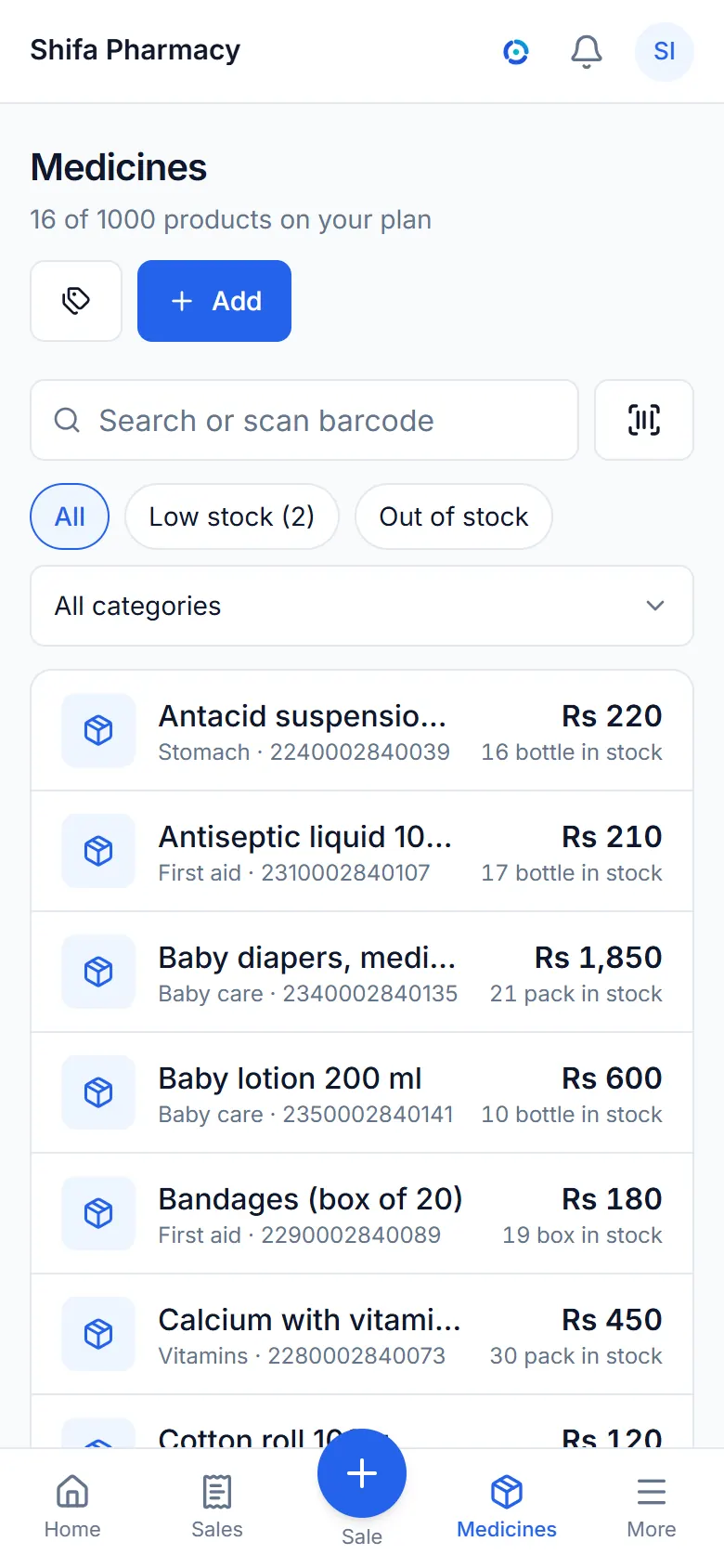 The items list with prices and stock.