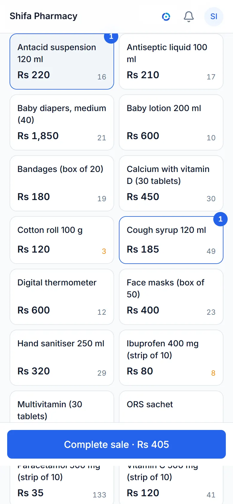 The sale screen of a sample pharmacy shop, with its items and a bill.