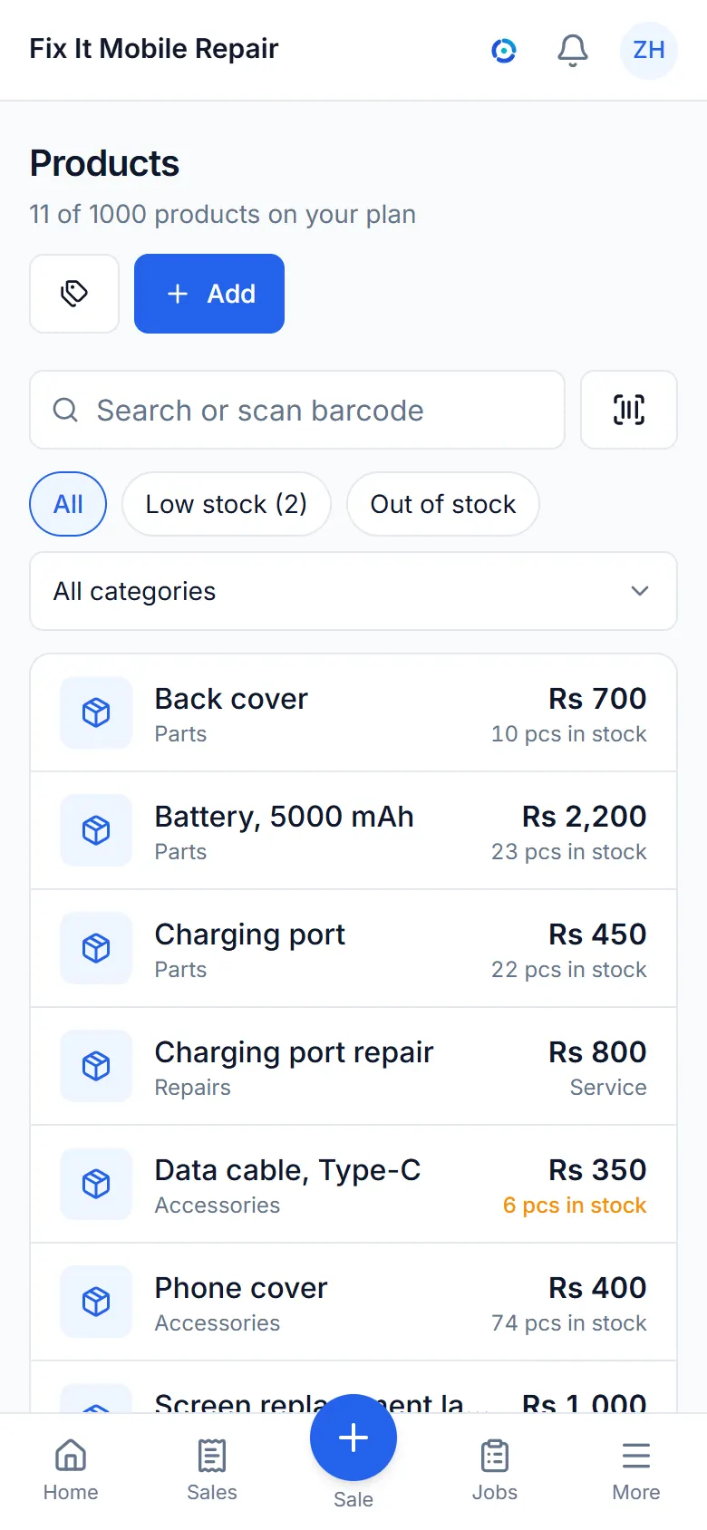 The items list with prices and stock.