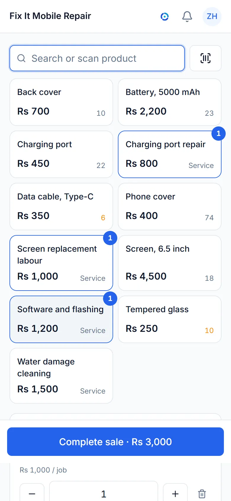 The sale screen of a sample repair shops business, with its items and a bill.