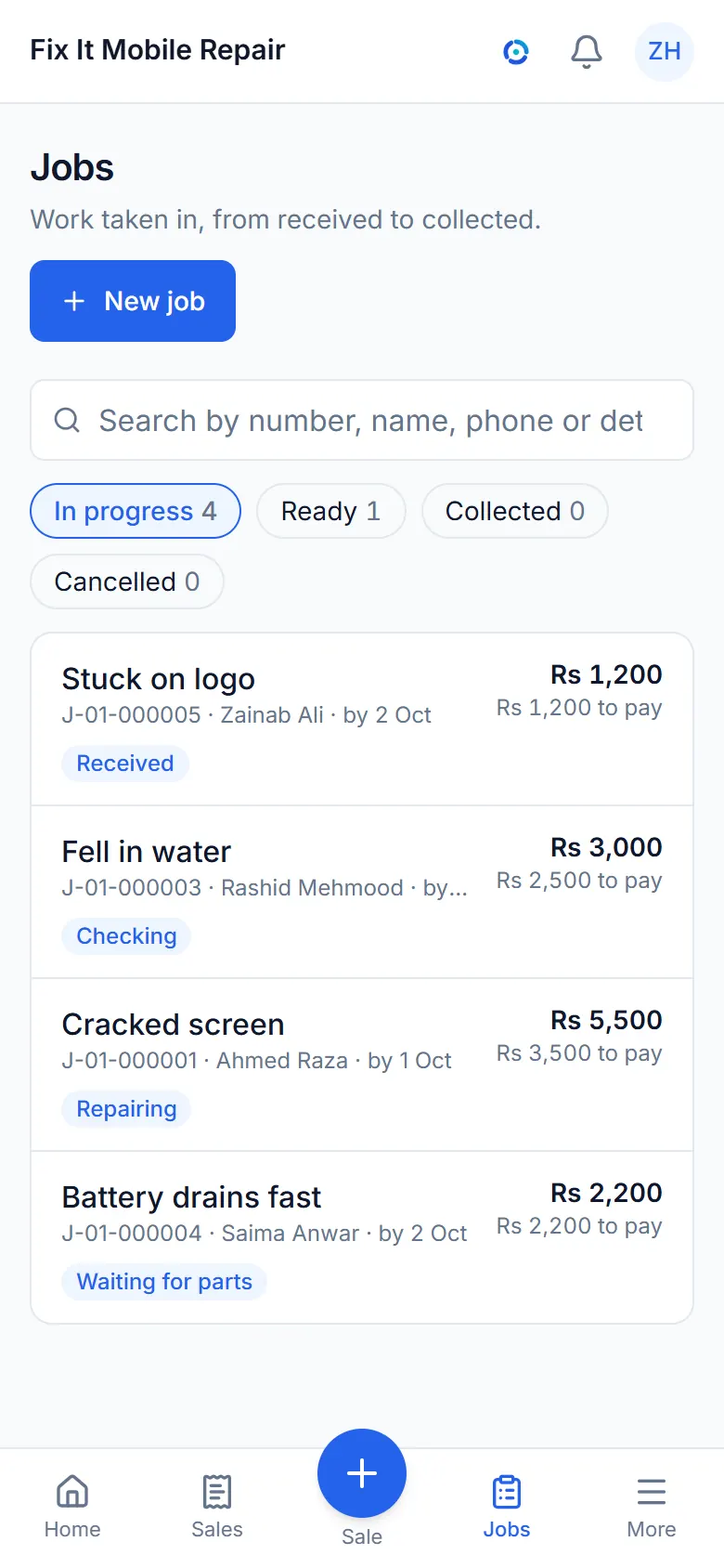 The jobs screen of a sample repair shop: phones in for repair by status, with their faults.