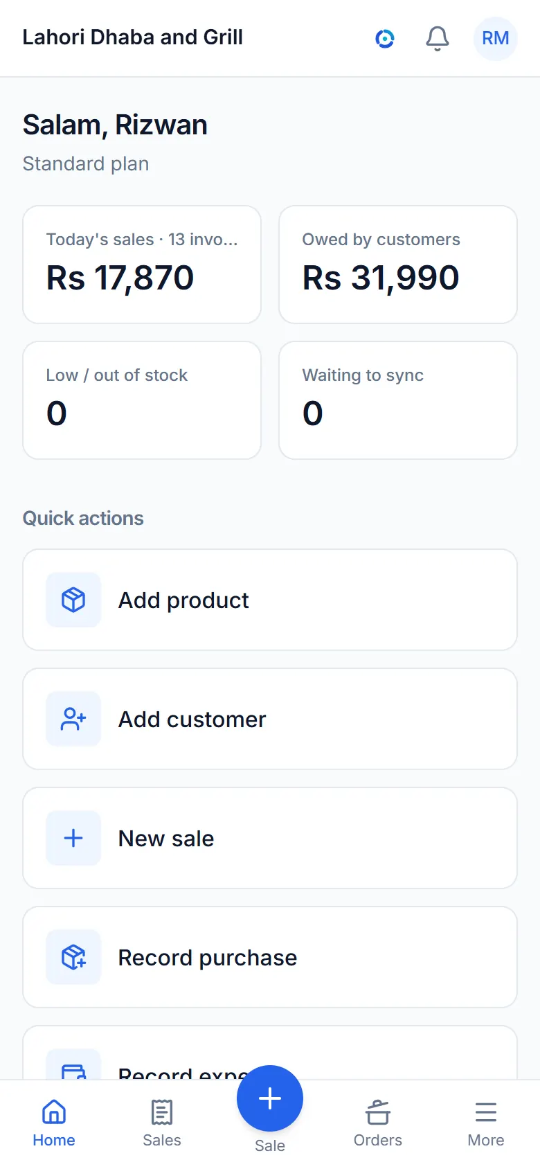 The dashboard: today's sales, what customers owe and low stock.