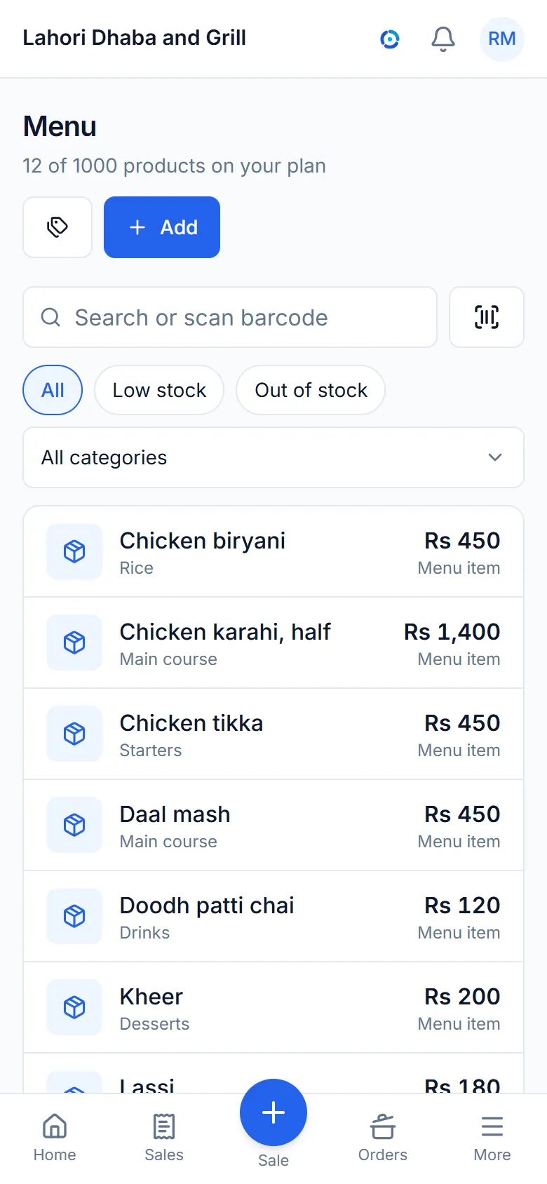 The items list with prices and stock.