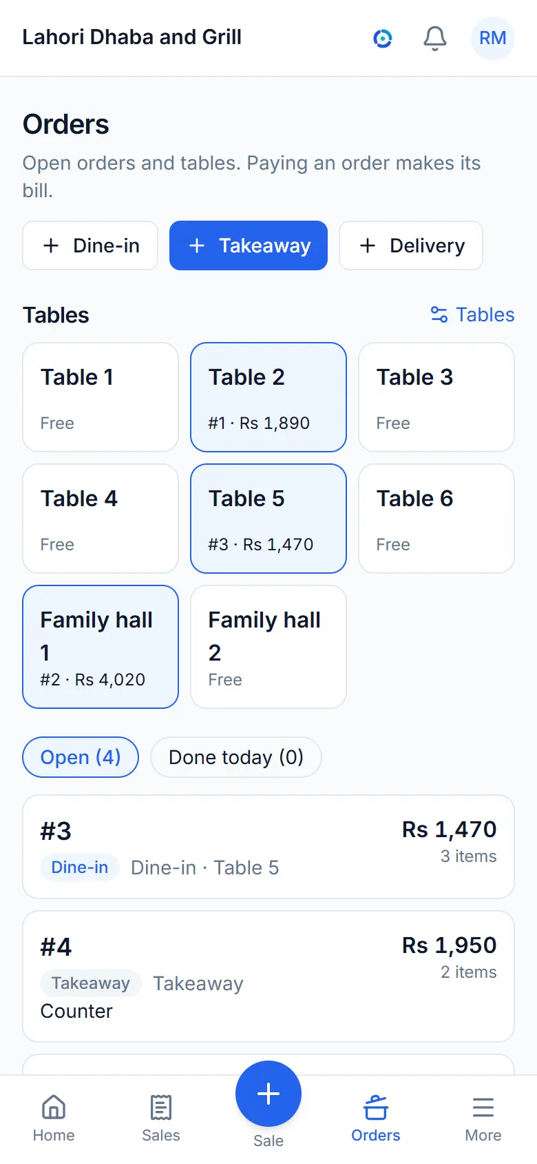 The orders screen of a sample restaurant: tables with their open orders and a takeaway order.