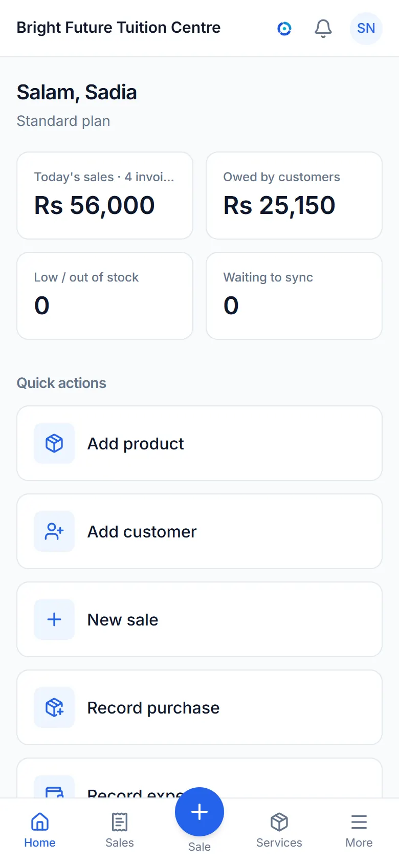 The dashboard: today's sales, what customers owe and low stock.
