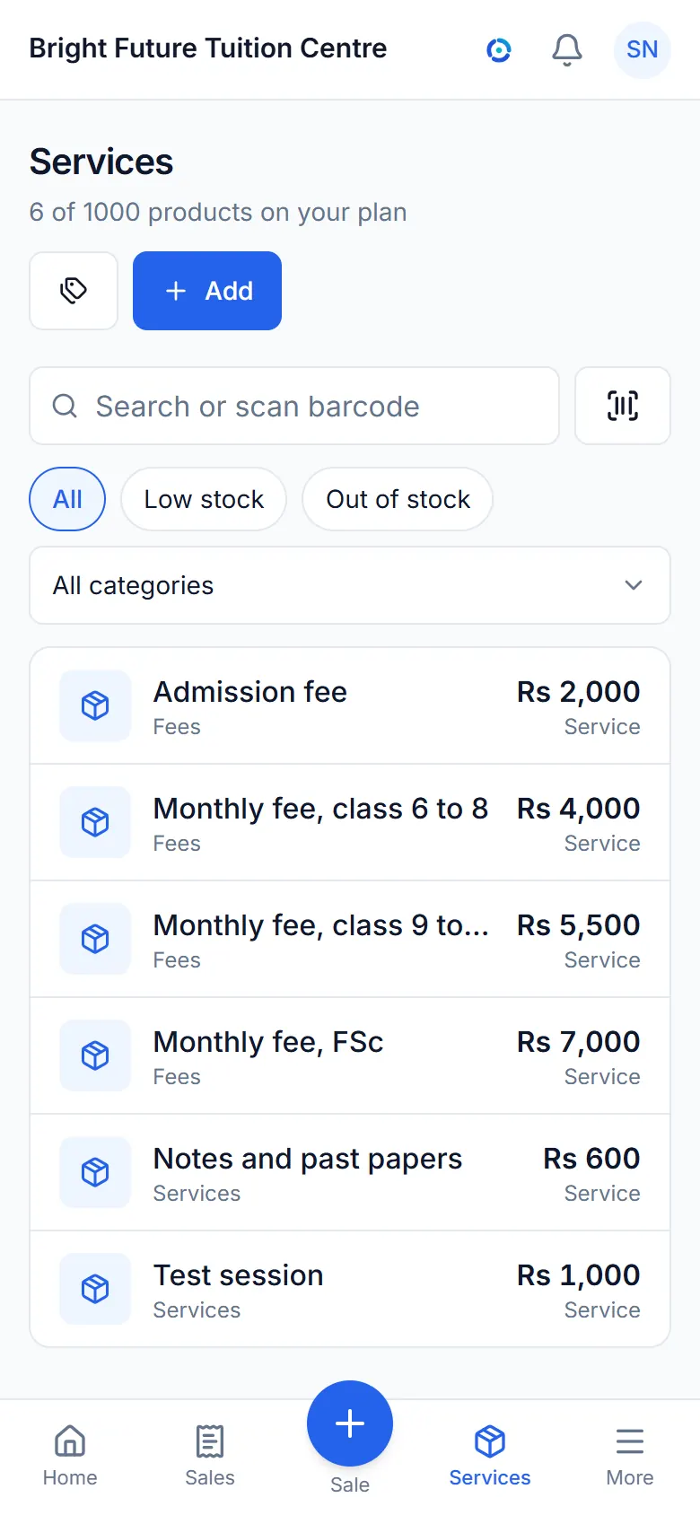 The items list with prices and stock.