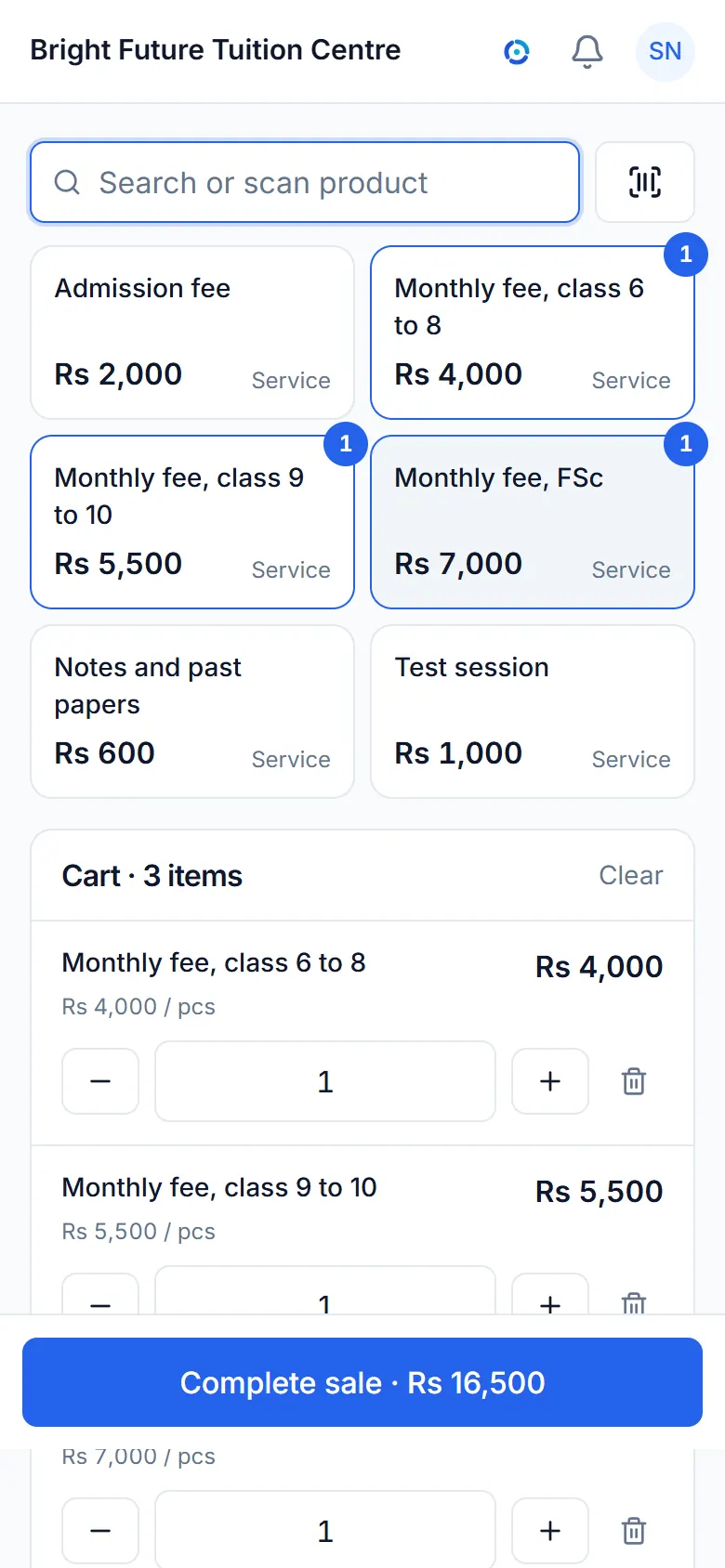 The sale screen of a sample tuition, travel and other services business, with its items and a bill.