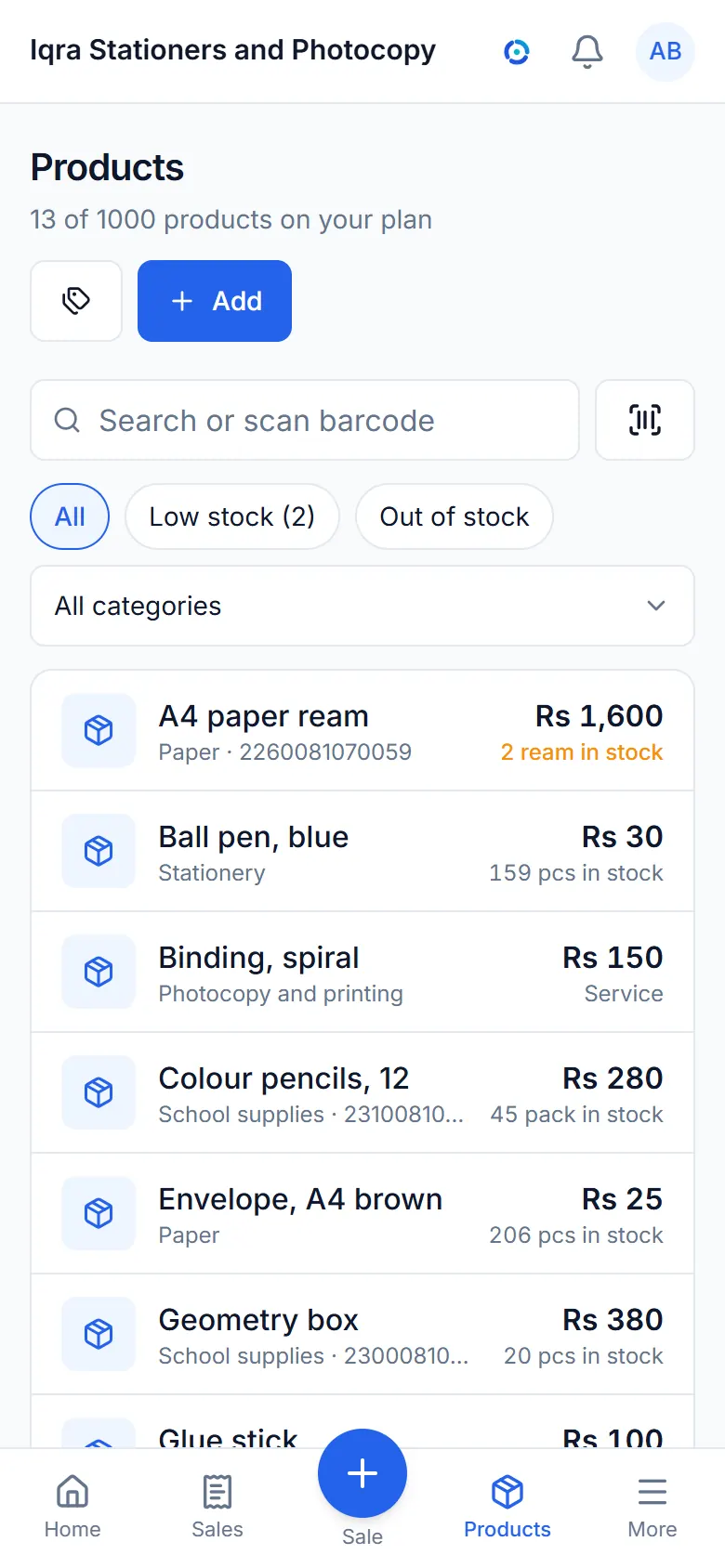 The items list with prices and stock.